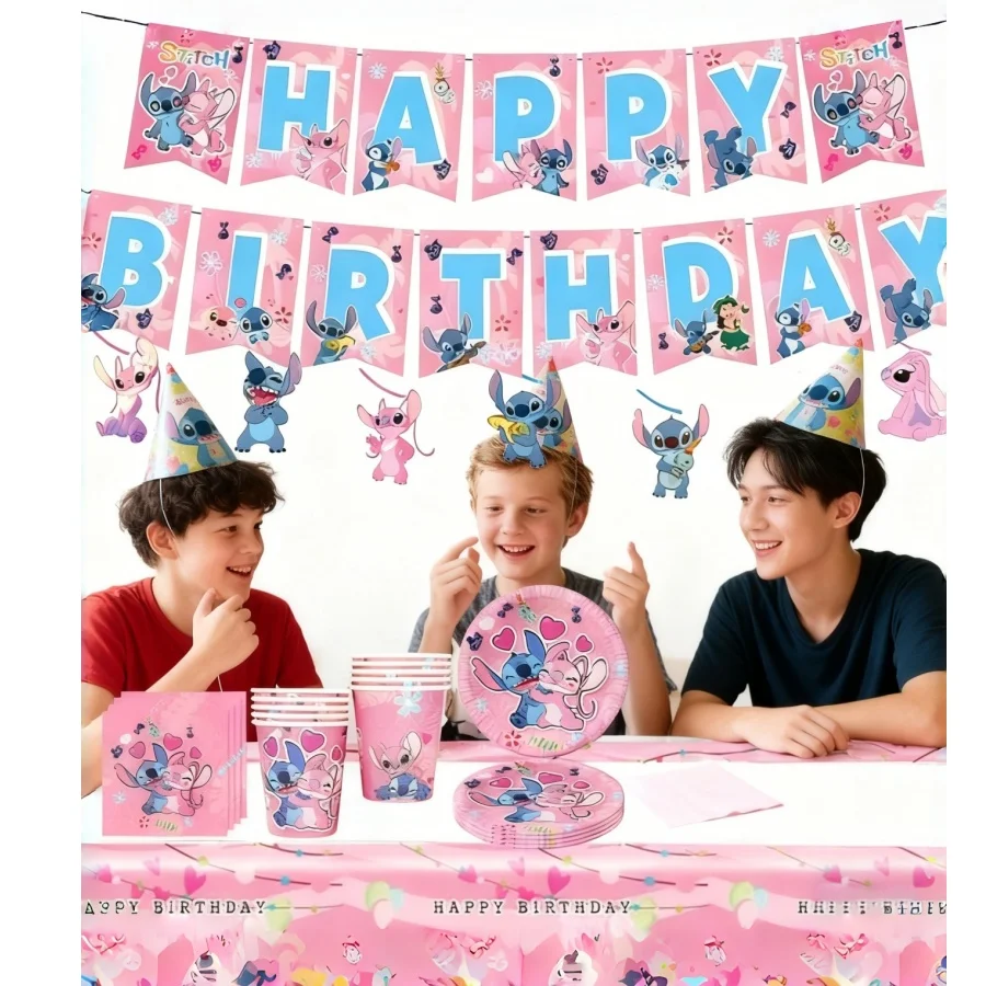 1/10/20 piezas rosa lindo Lilo Stitch y Ángel decoración para fiesta de cumpleaños vajilla tazas platos globo Banner regalo favores
