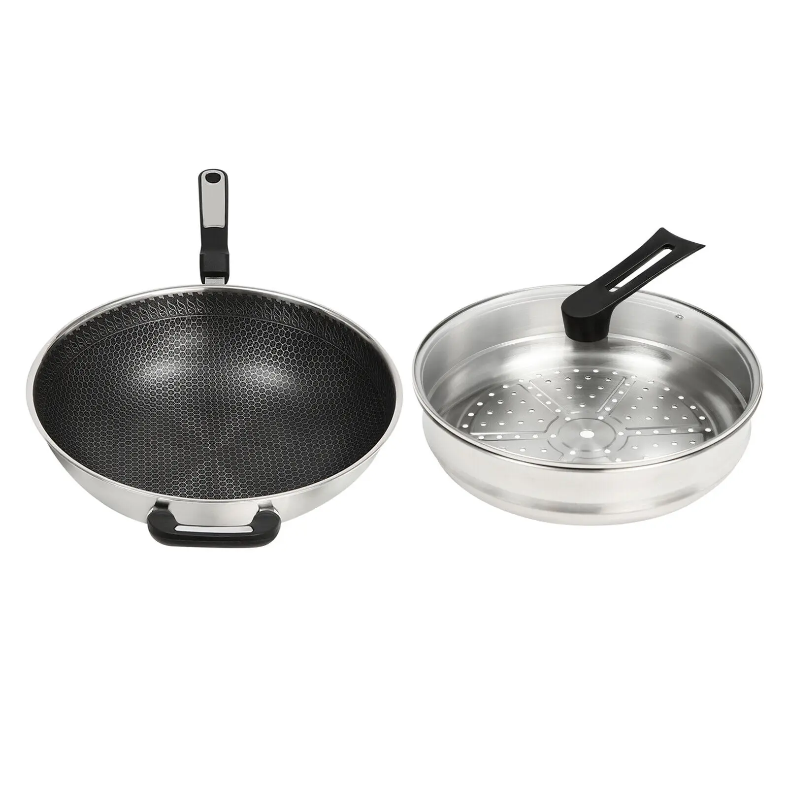 Padella Wok antiaderente a nido d'ape in acciaio inossidabile 304 con coperchio in vetro e pentola a vapore