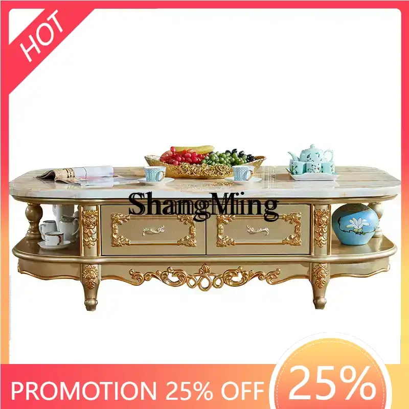 

CL wood coffee table meter marble tea table villa living room champagne gold TV cabinet