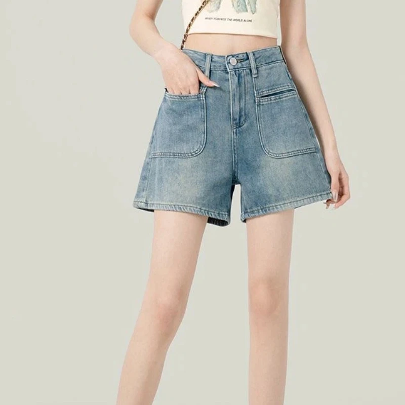 

Womens High Waist A Line Wide Leg Denim Shorts Summer Washed Casual Short Pants