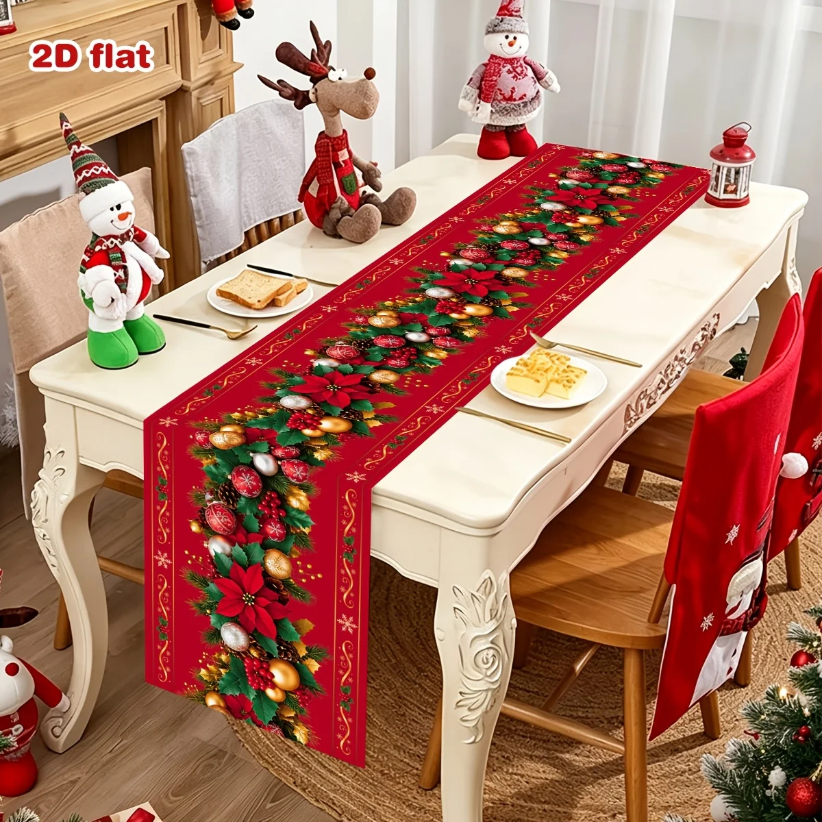 VIKAMA Christmas Table Runner Red Poinsettia Holly Berry Bauble Garland Decorative Washable Polyester Kitchen Dining Holiday
