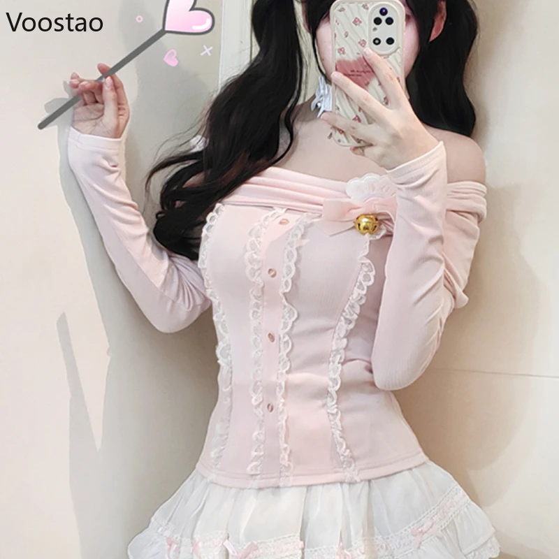 

Pink Japanese Kawaii Lolita Style T-Shirts Women Sweet Ruffles Cat's Paw Bow Slash Neck Long Sleeve Tops Korean Female Slim Tees