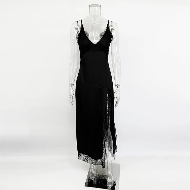 TARUXY Sexy Lace Splice Sexy Slit Dress Women Sleeveless V-neck suspenders long Dress Autumn New Vacation Party Bodyocn Dress