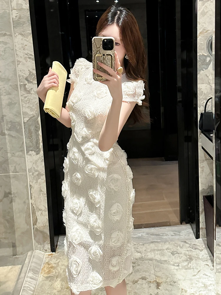 New Knitted Sweet Floral Evening Dress Women Clothes Elegant Sexy Hollow O-Neck Short Sleeve Skinny Midi Party Birthday Vestidos