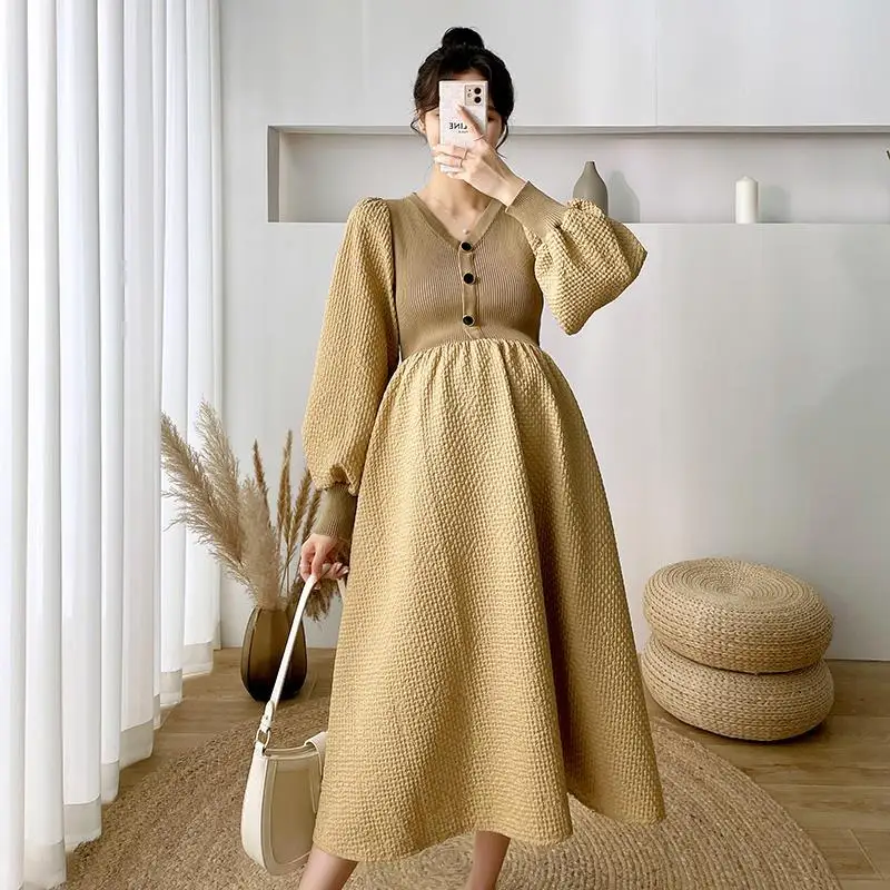 

V-Neck Bubble Sleeve Knitted Patchwork Pregnant Women's Long Dress Sweet Simple and Waffle Premium Pregnant Women's Dress