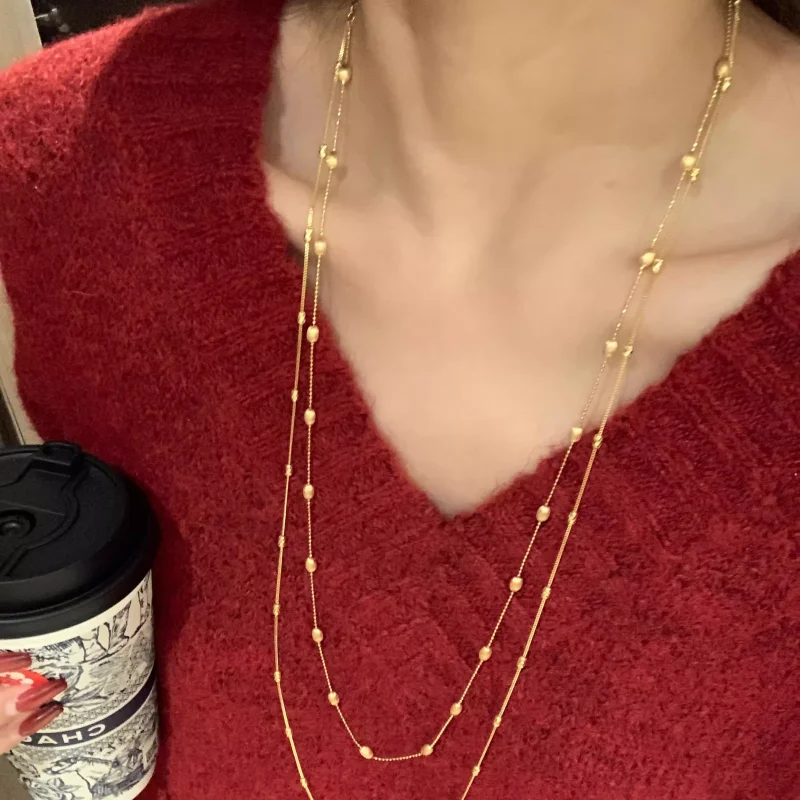 BELLUX 925 Silver Gold-plated Italian Imported Brushed Gold Bean Long Necklace Sweater Chain Fashion Jewelry