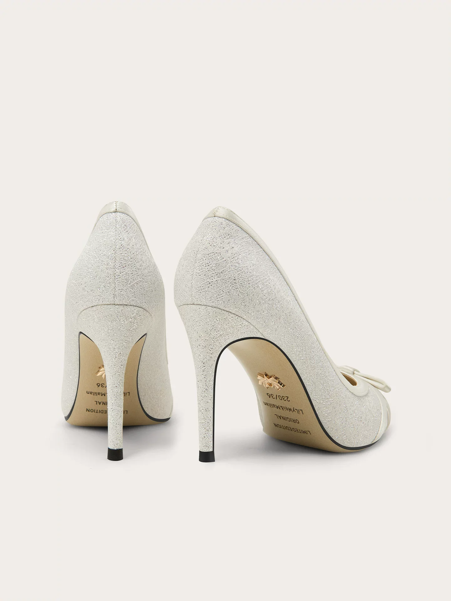 Spring new pointed shallow mouth ribbon bow sequin wedding shoes banquet large size small size widened high heels women's shoes