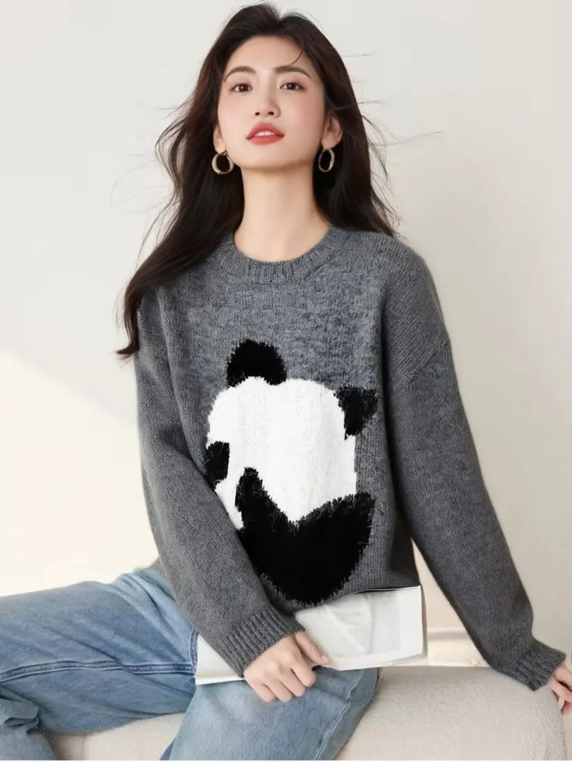 Style coréen Panda dessin animé Patchwork doux épaissir femme pull automne hiver à manches longues pull ample tricots haut dame