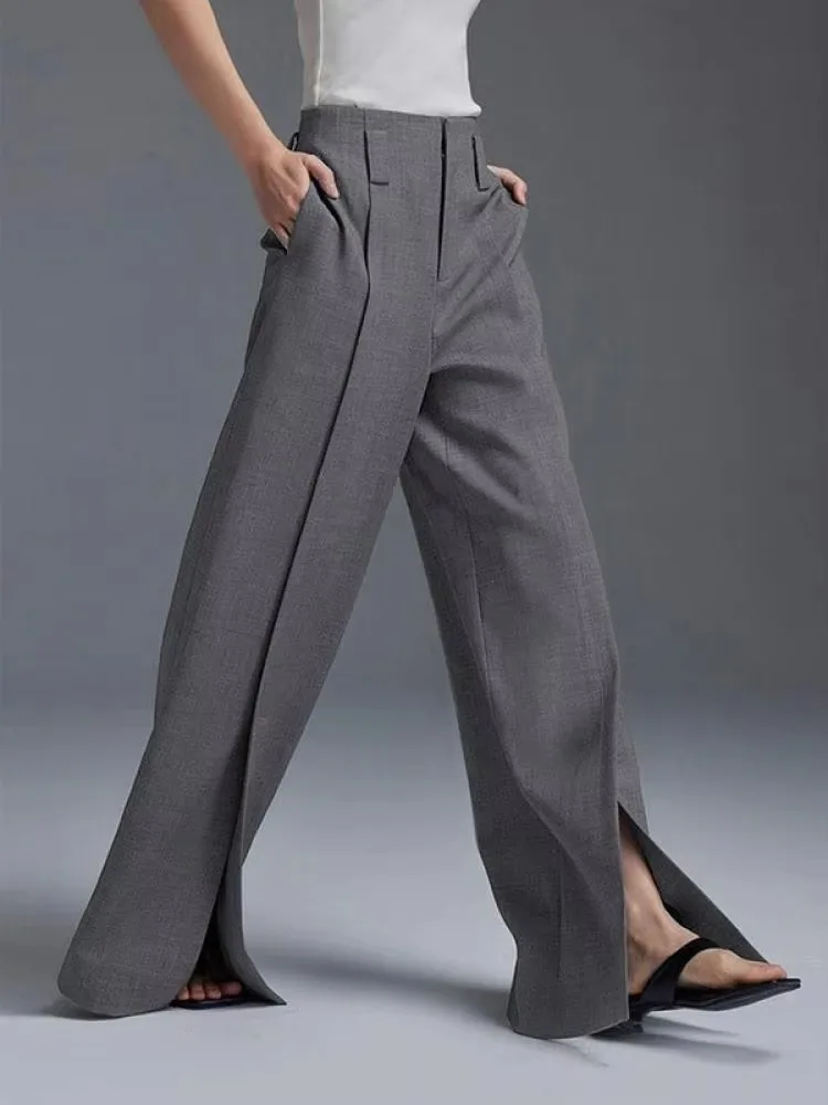 Yeezzi Urban Female Business Suit Pants 2025 New Fashion Black White Loose Straight Pant High-Waist Pleated Split-Front Trousers - Image 5