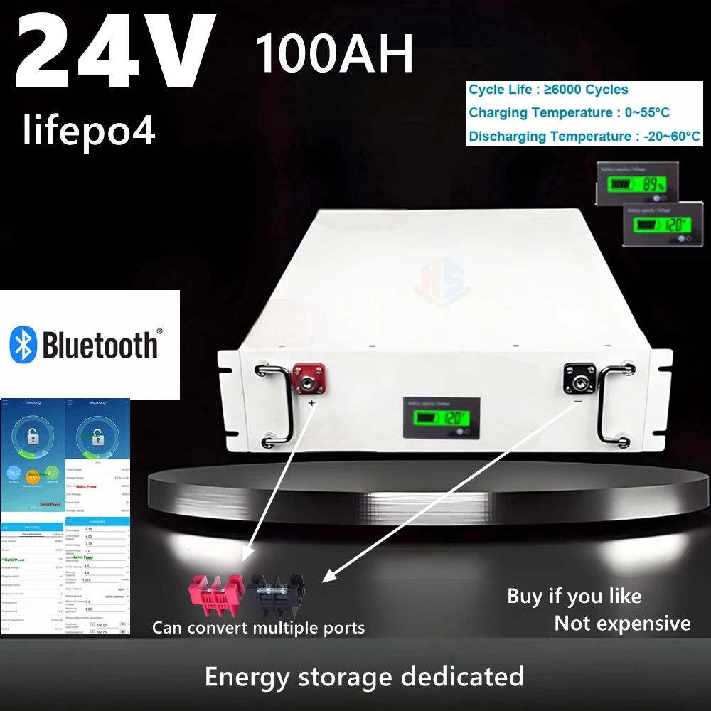 

HS 24V 100AH lifepo4 battery pack bluetooth APP BMS for motorhomes Solar system energy RV EV AGV photovoltaic storage