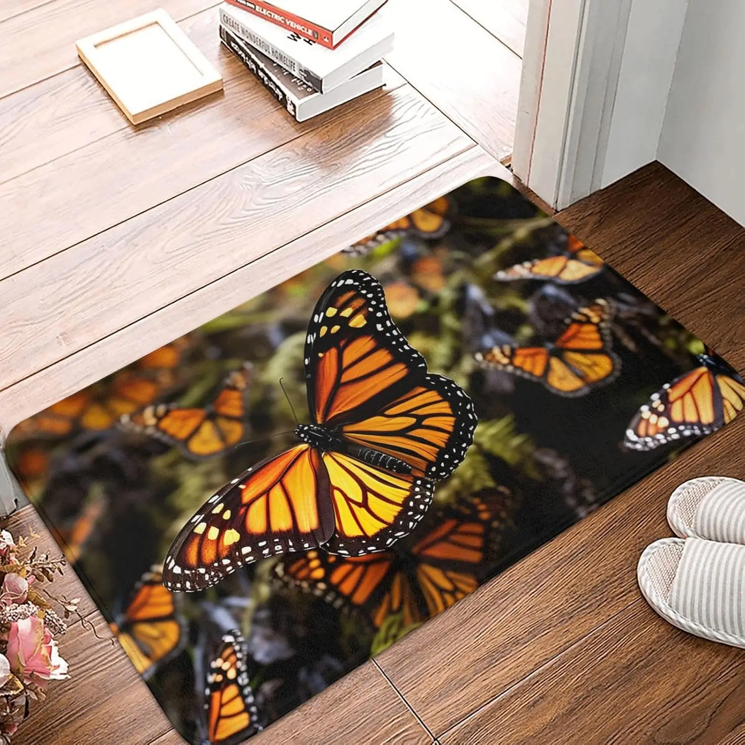 Orange Monarch Butterfly Door Mat, Nature Insect Floor Mat, Realistic Animal Entrance Rug, Non-slip Washable Bathroom Home Decor