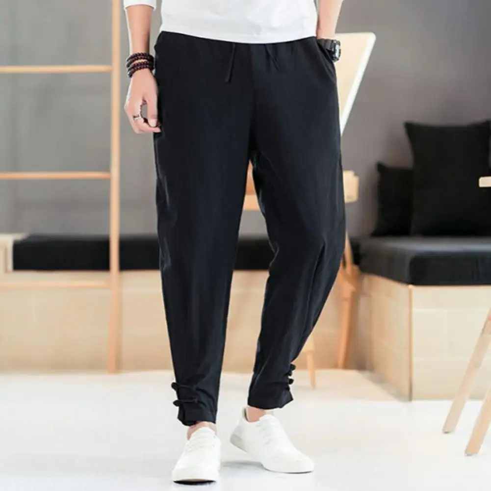 Elastic Waist Pants Men Chinese Style Pants Vintage Chinese Style Men's Ninth Pants with Elastic Waist Ankle-banded Sport