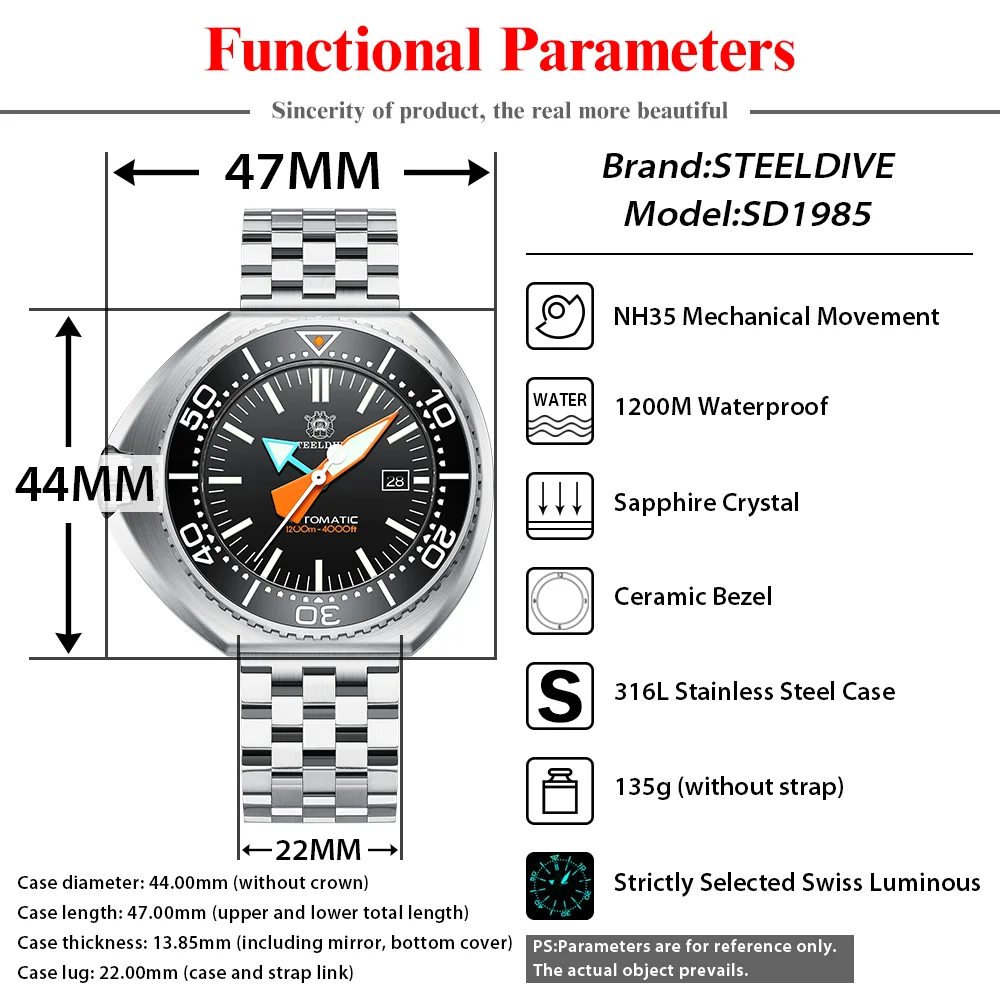 STEELDIVE Luxury Mechanical Wristwatch SD1985 Left Crown 120Bar Waterproof Ceramic Bezel Swiss Luminous Tough Guy Dive Watches