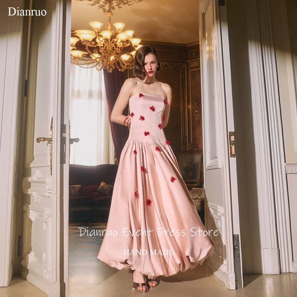 

Dianruo Strapless 3D Red Flowers Evening Dress Elegant Modern Vestidos De Fiesta Elegantes A Line Robes Bal De Promo Customized