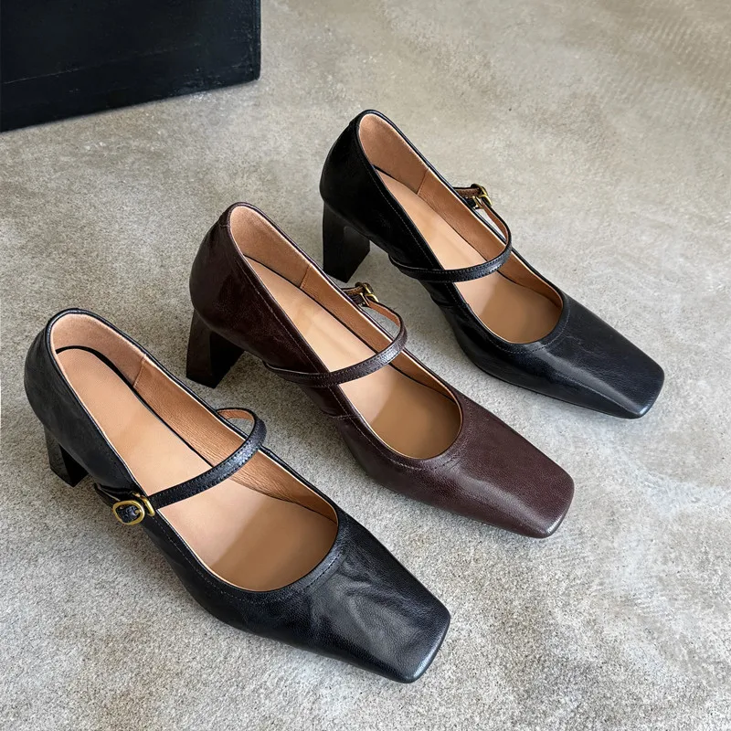 

MKKHOU Fashion Pumps New High Quality True Leather Square Head Shallow Mouth High Heels Mary Jane Shoes Commuter Women's Shoes