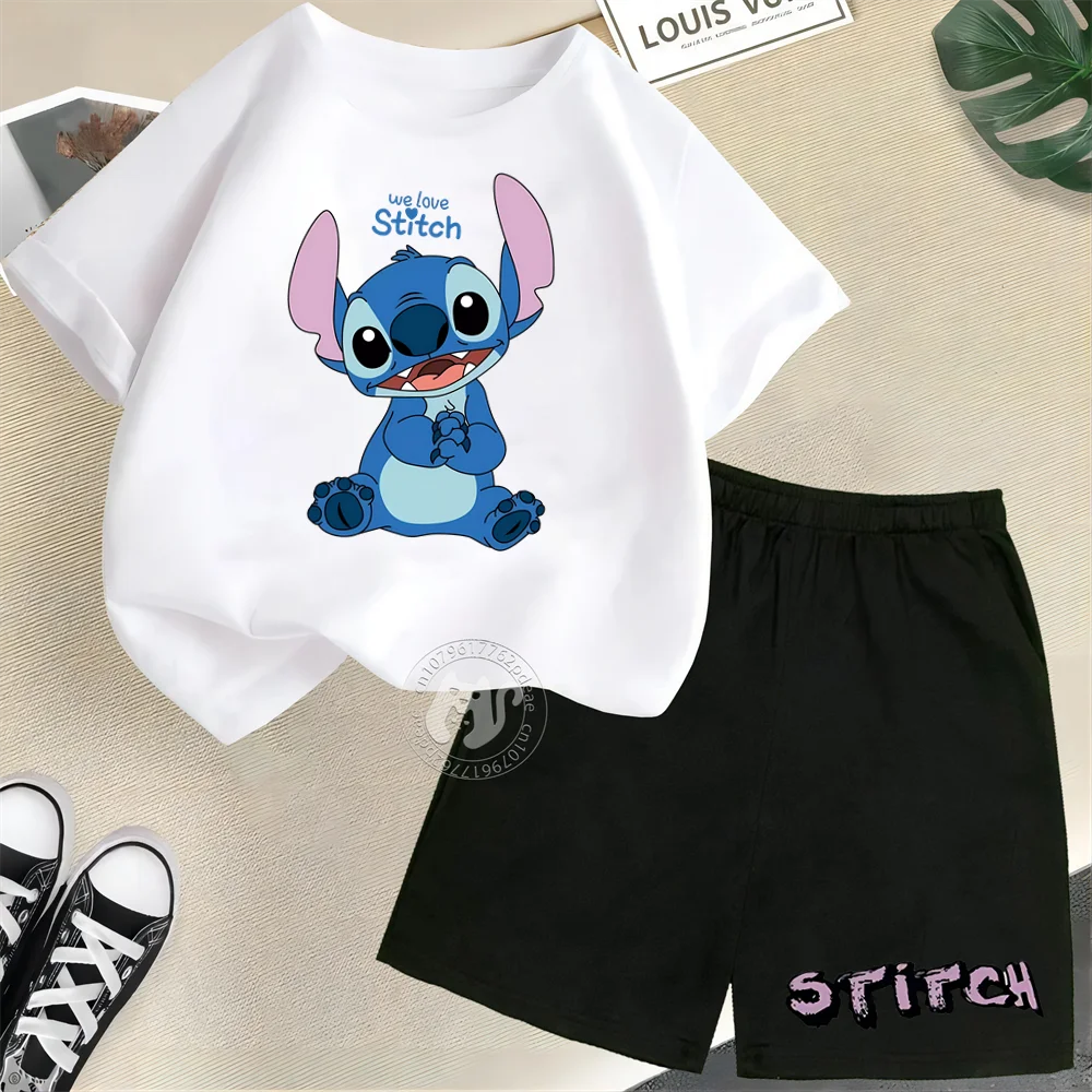 Disney Kids Summer 100% Cotton Short Sleeve T-shirt + Shorts Cute Stitch Print Boys Girls Teen Casual crewneck suit