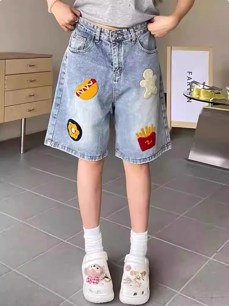 

Washed Light Blue Women's Denim Shorts Summer American Style Retro Embroidered Straight Leg Five-Quarter Casual Pants
