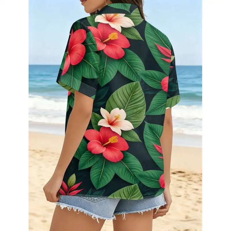Women's Casual Short Sleeve Shirt Hibiscus Jasmine Overlap Lush Green Foliage Tropical Pattern Fashion Button-Up Top Machine Was