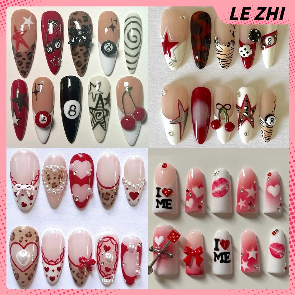

Spice Girl Handmade Long Almond Reusable French Leopard Print Full Cover Nail Pearl Diamond Bow Flower Polka Point Press On Nail