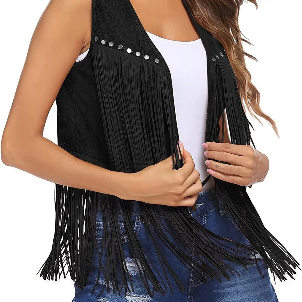 

2023 New Tassel Trim Women's Suede Velvet No Button Mid-Length Vest Jaet Thiened Fabric Chinese Origin Spring