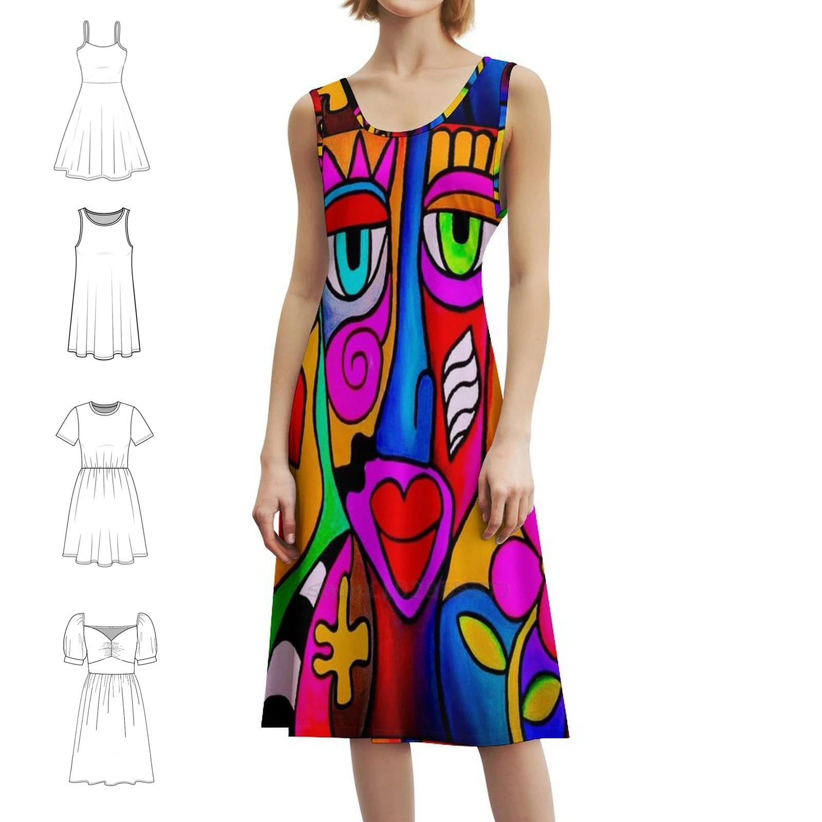 Funky Face Korean Style Casual Dress For Women Simple Daily Office Lady Dresses Bright Colourful Fun Flower Heart Funky Female
