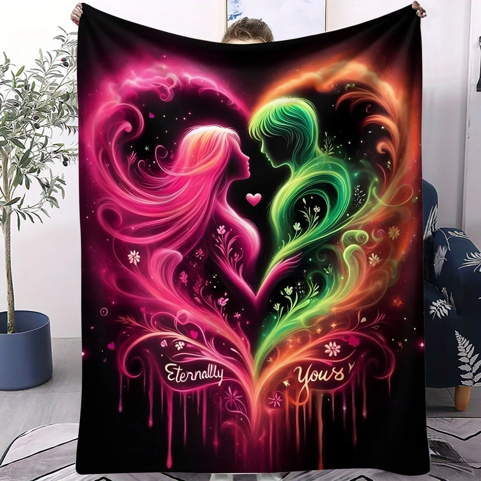 بطانية ناعمة "I Love You" لامعة - عنصر رومانسي تحت عنوان رمي الصوف للأريكة ديكور المنزل للأزواج والكبار والأطفال هدية دافئة