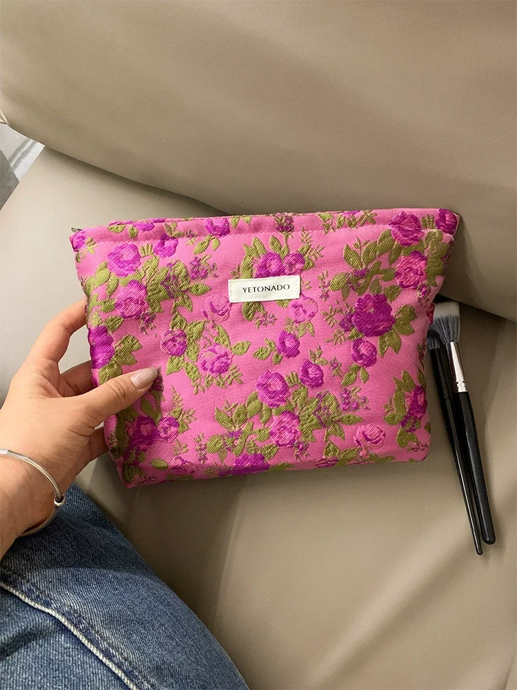 Floral Pattern Canvas Mini Bag Portable Travel Toiletry Pouch Casual Coin Purse Hand Storage Bag Makeup Organizer Bag for Women
