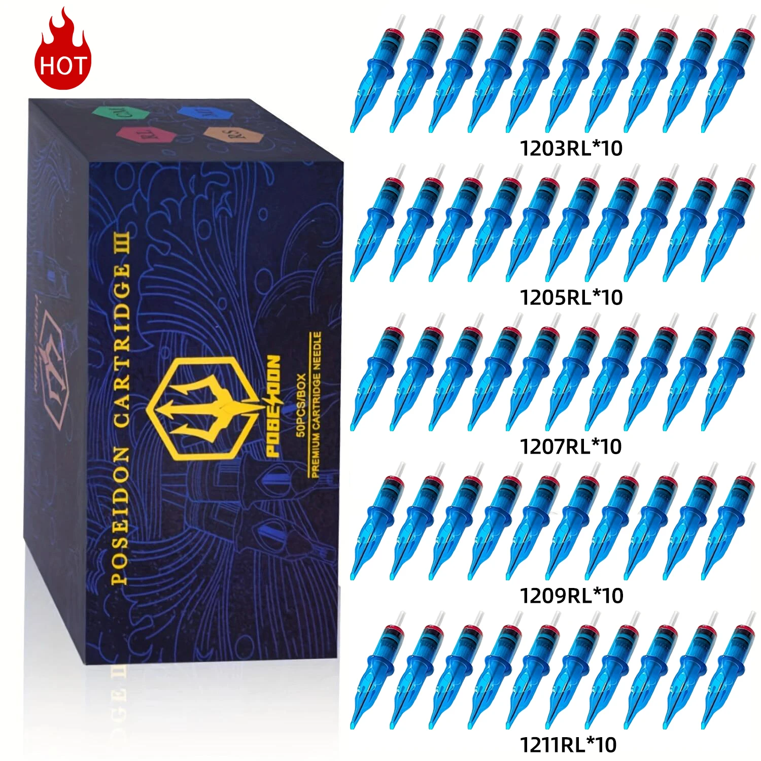 POSEIDON 50PCS Mixed Professional Round Liner Tattoo Cartridge Needles with Membrane Safety Cartridges Disposable Tattoo Needle