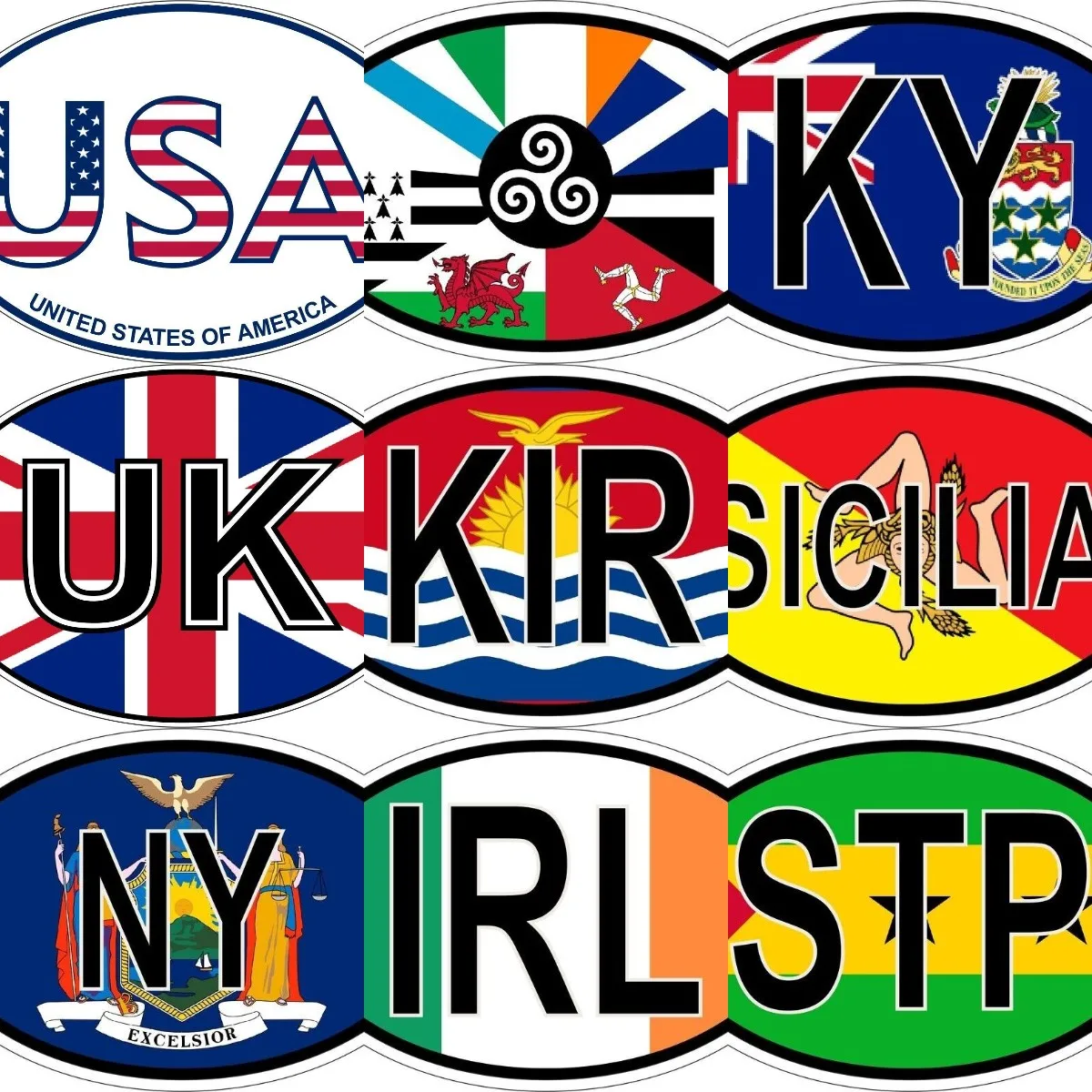 USA America KY UK Britain SICILIA KIR Kiribati NY IRL Ireland STP Sao Tome and Principe National Flag Code Abbreviation Sticker