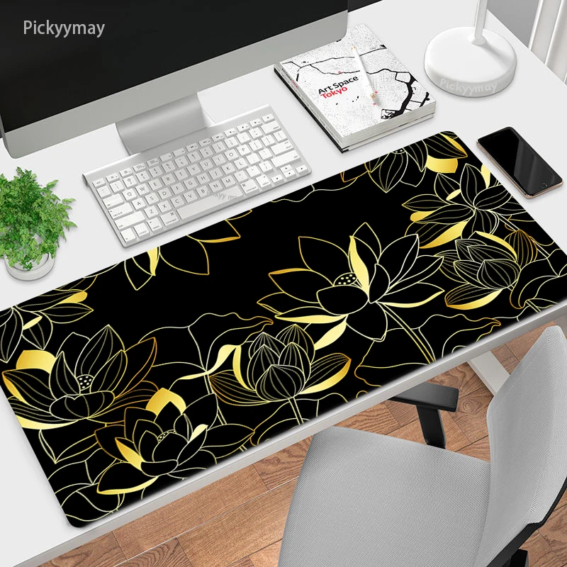 Alfombrilla de ratón grande con diseño de flor de loto, alfombrilla de ratón negra para teclado de ordenador de oficina, PC, accesorios de mesa, 100x50