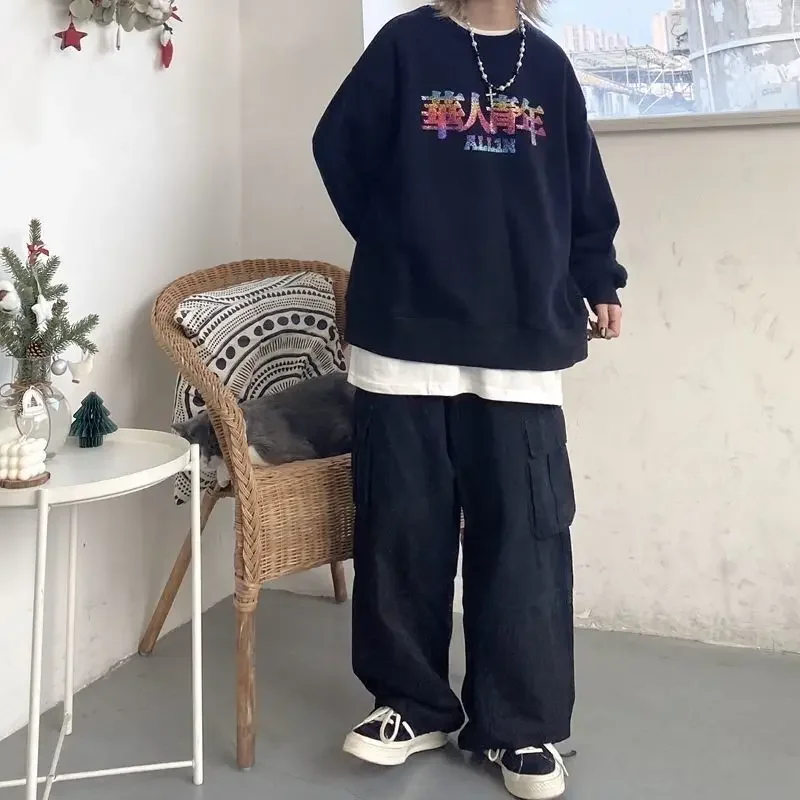 Men Work Pants Patchwork Wide-legged Trouser Harajuku  Casual Pants for Man Adult Clothing Pocket Drawstring Straight Leg