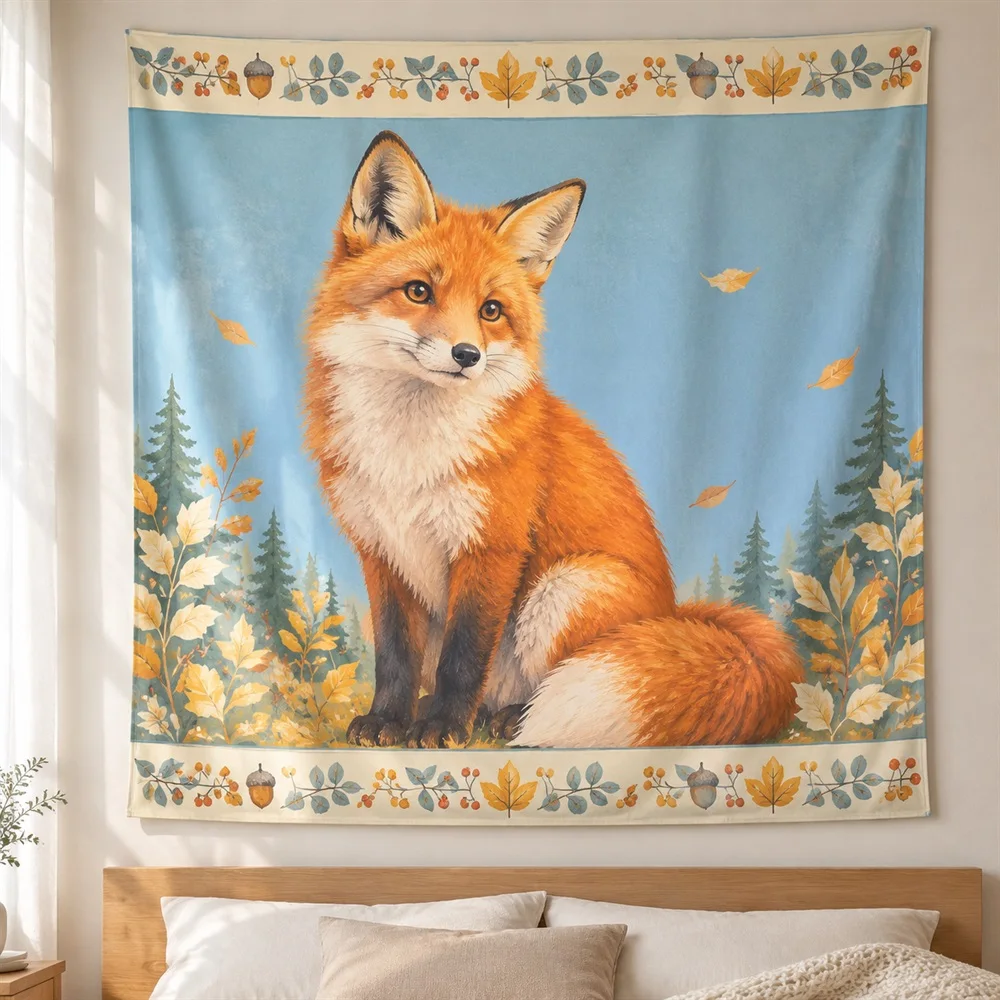 VIKAMA Forest Fox Tapestry Wall Hanging, Woodland Animal Woodland Aesthetic Room Decor Tapestries for Bedroom Nursery Kids Room
