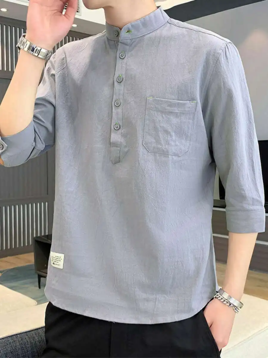 

Men's Summer Short Sleeve Shirt Pure Cotton Linen Seven Sleeve Stand Collar Trendy Korean Version Loose Fit Daily Wear