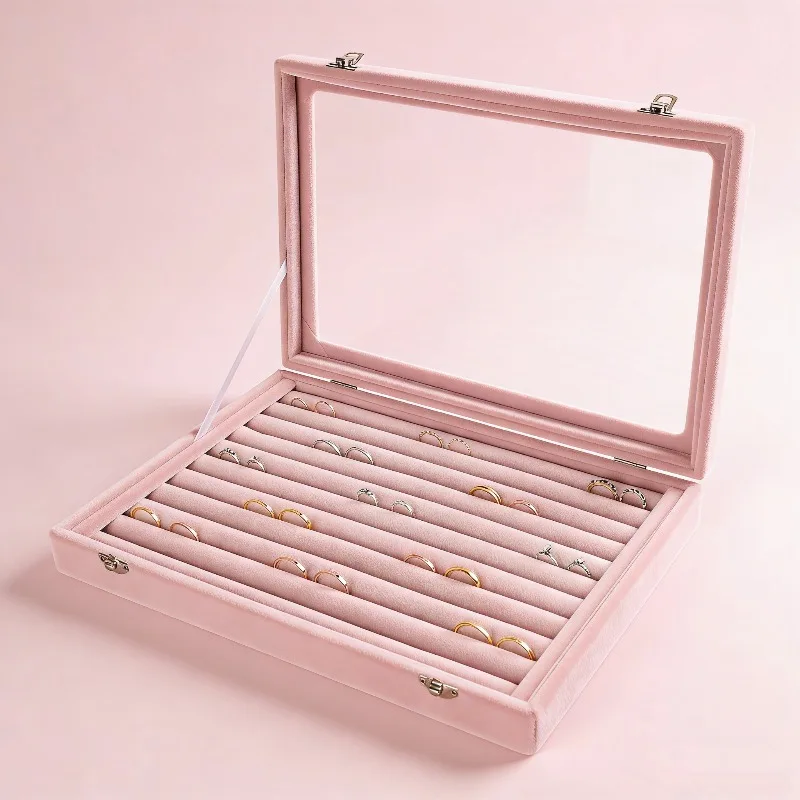 Pink Leather Velvet Transparent Cover 7 Slots Jewelry Ring Earrings Tray Display Stand - Large