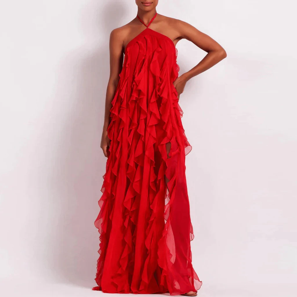 2024 Spring Halter Ruffles Chiffon Prom Dresses Sexy Slit Backless Celebrity Dress Pageant Event Gala Gown Custom Red Maxi Dress