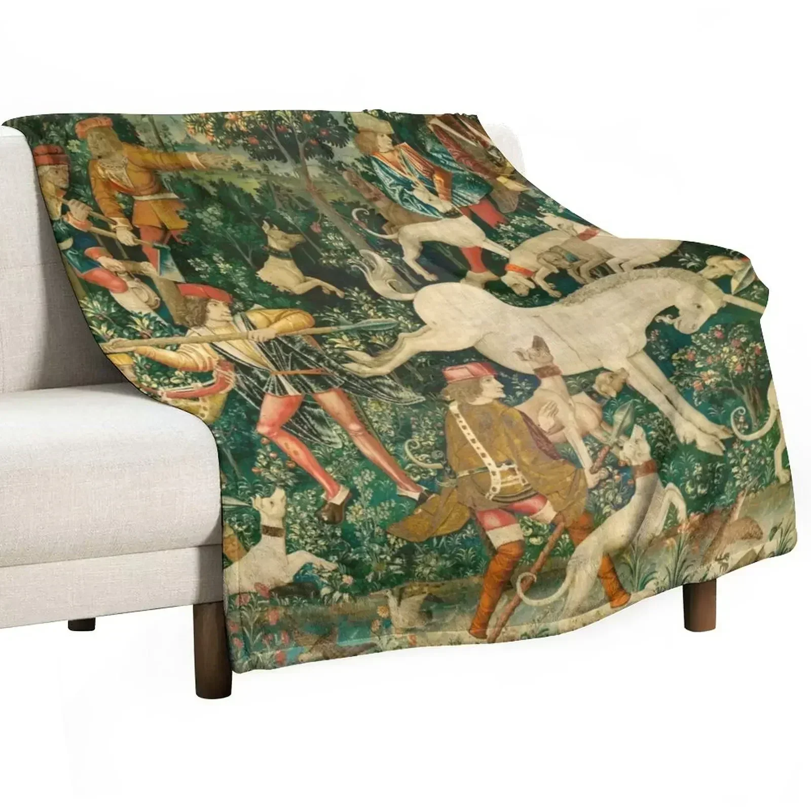 The Hunt of the Unicorn Tapestry. The unicorn defends himself (From Unicorn tapestries) Throw Blanket Warm Blankets