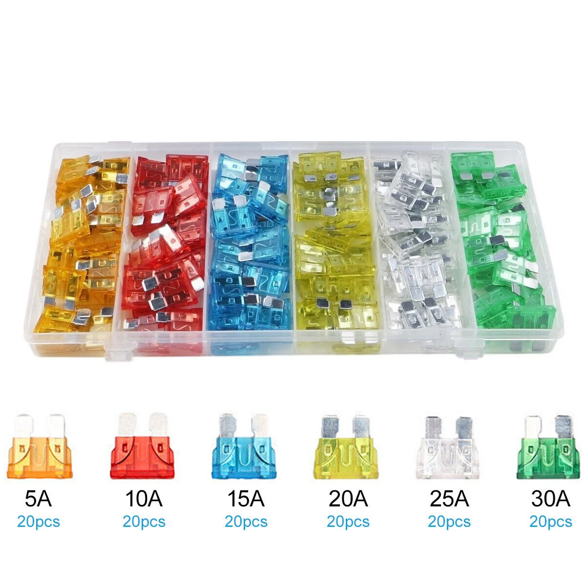 120PCS 11mm Boxed Small Aluminum Fuse 5/10/15/20/25/30AMP Plug-in Fuse Flat Fuse10 Compartments 6 Sizes Boxed Set