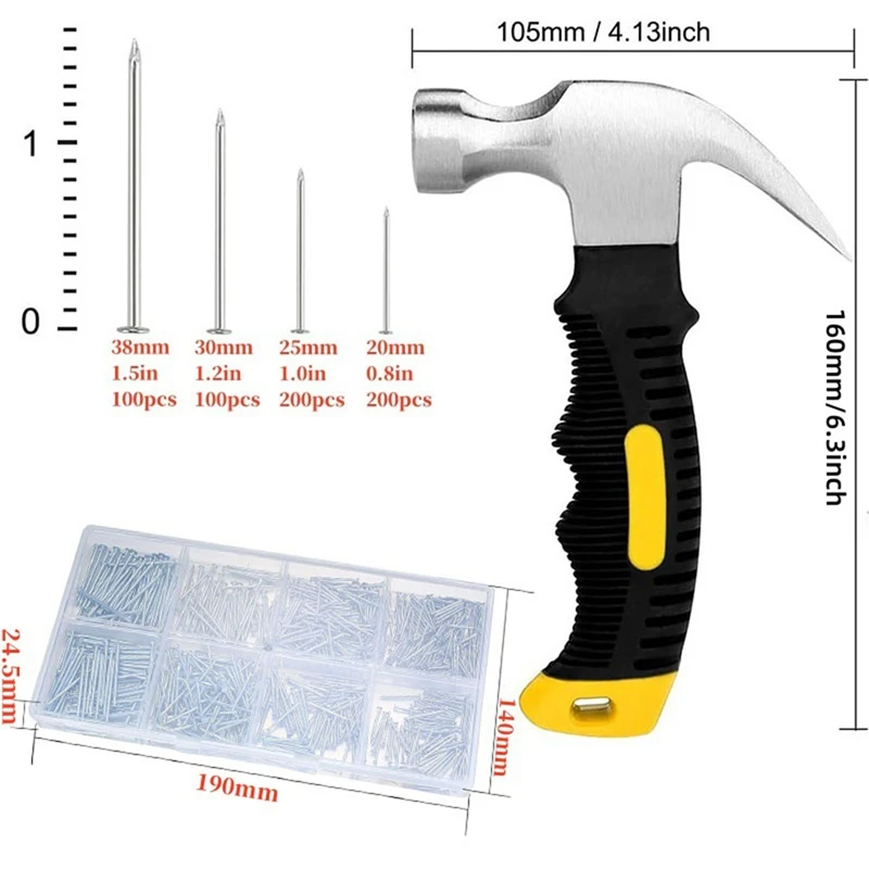 601 قطعة مجموعة متنوعة من الأظافر ومطرقة صغيرة، وأظافر لتعليق الصور، وأظافر للجدار، وأظافر معلقة للصور