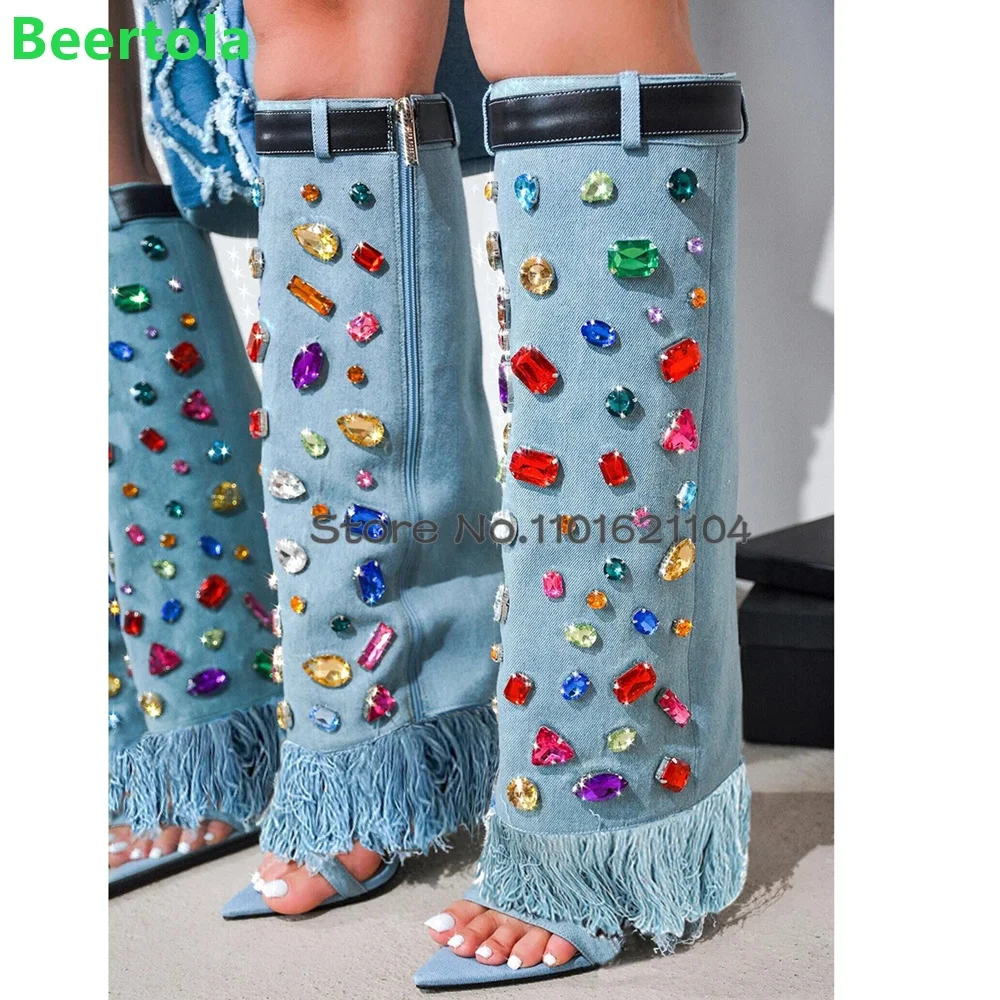 

Denim Fabric Colorful Crystal Open Toe Boots For Female Women 2024 New Pointed Toe Thin High Heel Fashion Sexy Runway Shoes