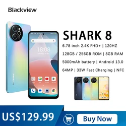 블랙뷰 샤크 8 스마트폰, 안드로이드 13, 헬리오 G99 옥타, 8GB + 128GB, 256GB, 5000mAh, 64MP, 33W 고속 충전 6.78 인치, 2.4K 핸드폰 NFC