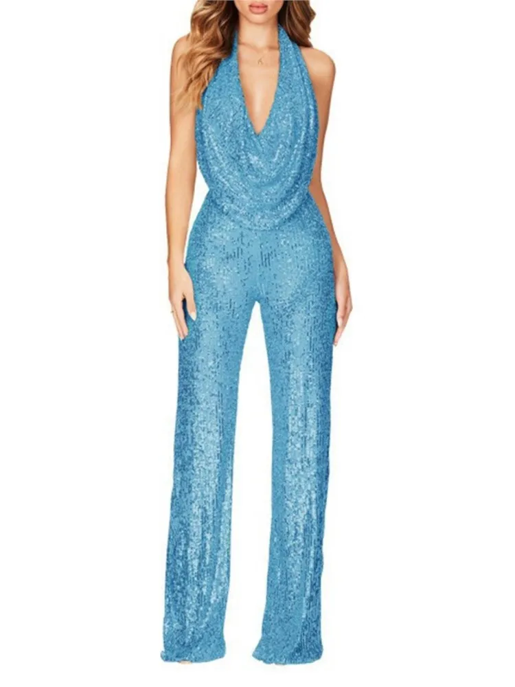 จั๊มพ์สูทแฟชั่นผู้หญิง แต่งเลื่อม คอ halter ทรงเข้ารูป เอวสูง ขาตรง สไตล์ลำลอง เหมาะสำหรับใส่ไปทำงาน ปาร์ตี้ งานพรอม ชุดจั๊มพ์สูทขายาวแบบชิ้นเดียว