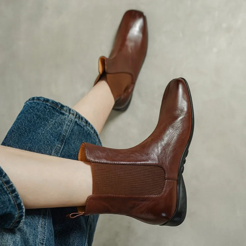 Dilalula 2026 Natural Cow Leather Women Chelsea Boots Square Toe Med Wedges Heels Retro Short Boots Female Leisure Shoes Winter