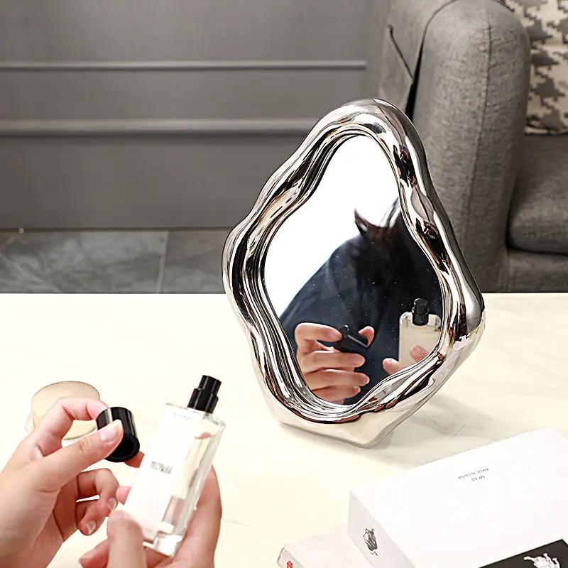 Luxury Irregular Desk Mirror For Bedroom Deorative Bathroom Makeup Mirror Ceramic Compact Standing Mirror Aesthetic Room Decor