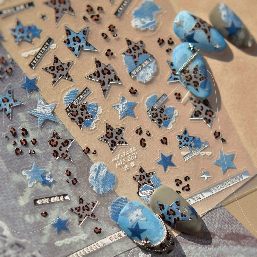 Estampado de leopardo tela vaquera azul pentagrama estrella lunares Bowknot amor corazón Y2K Punk encanto DIY pegatinas para decoración de uñas calcomanías de manicura
