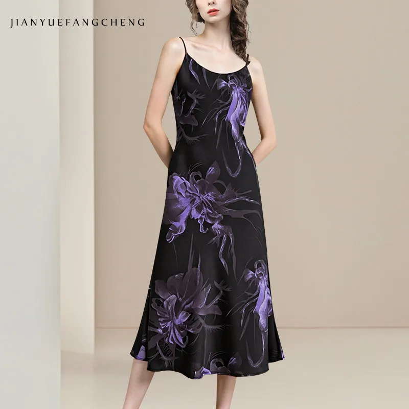 

Винтажное атласное платье с цветочным принтом для женщин, летнее, приталенное, на тонких бретелях, длинное, без рукавов, с круглым вырезом, повседневное, офисное