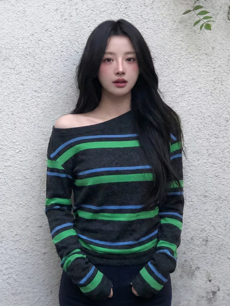 

American Retro Long Sve off oulder Sweatirt Women Spring Matching Color Stripe Design Loose oulder Beautiful Top