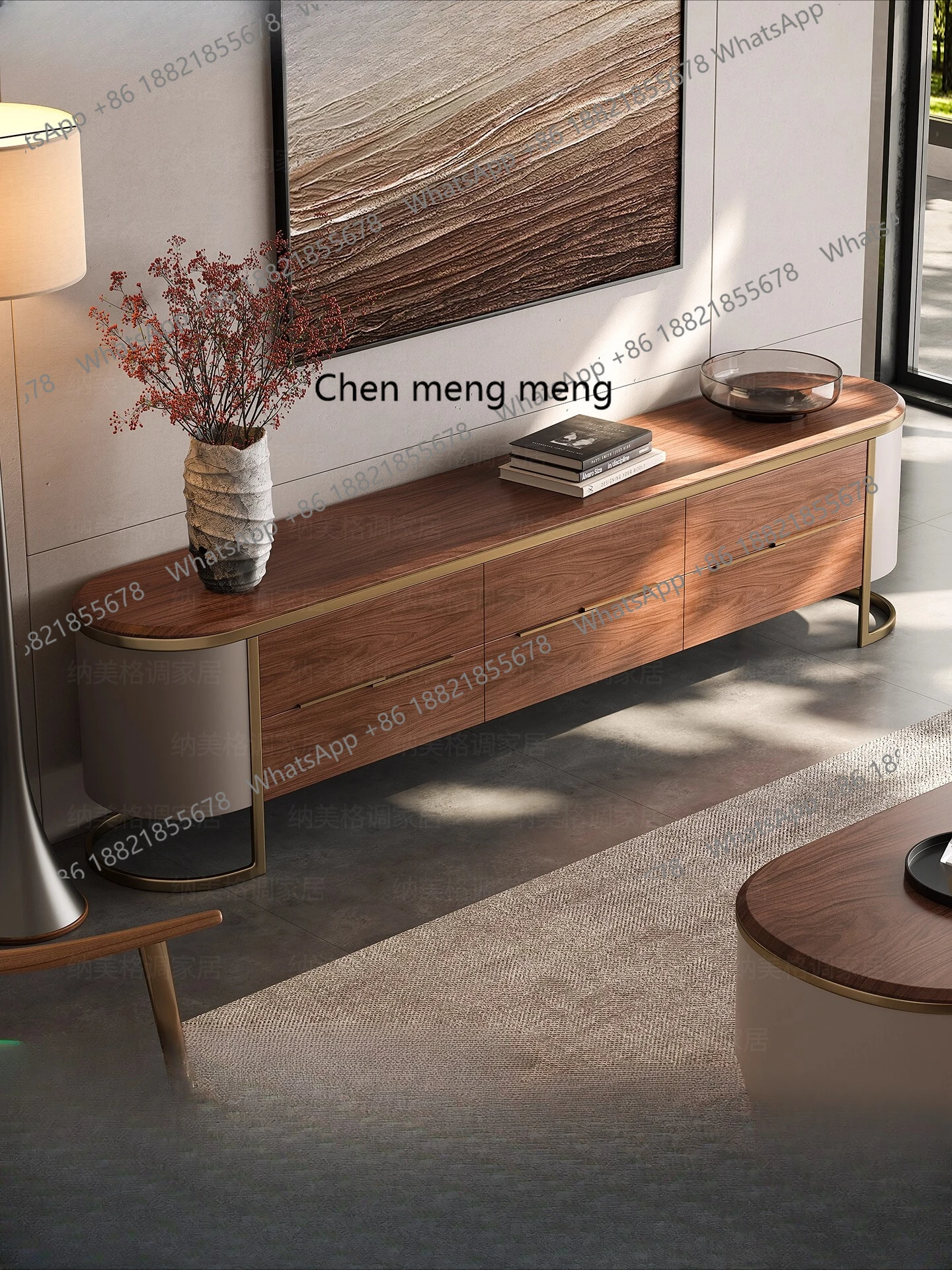 

French Retro Solid Wood TV Cabinet and Coffee Table Set for Home Living Room High-End Vintage Walnut Color Floor Cabinet