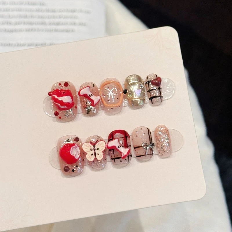 

10pcs Christmas Handmade Press on Nails 3D Red Apple Handpainted Plaid Fake Nails Full Cover Removable Wearable Nail Art