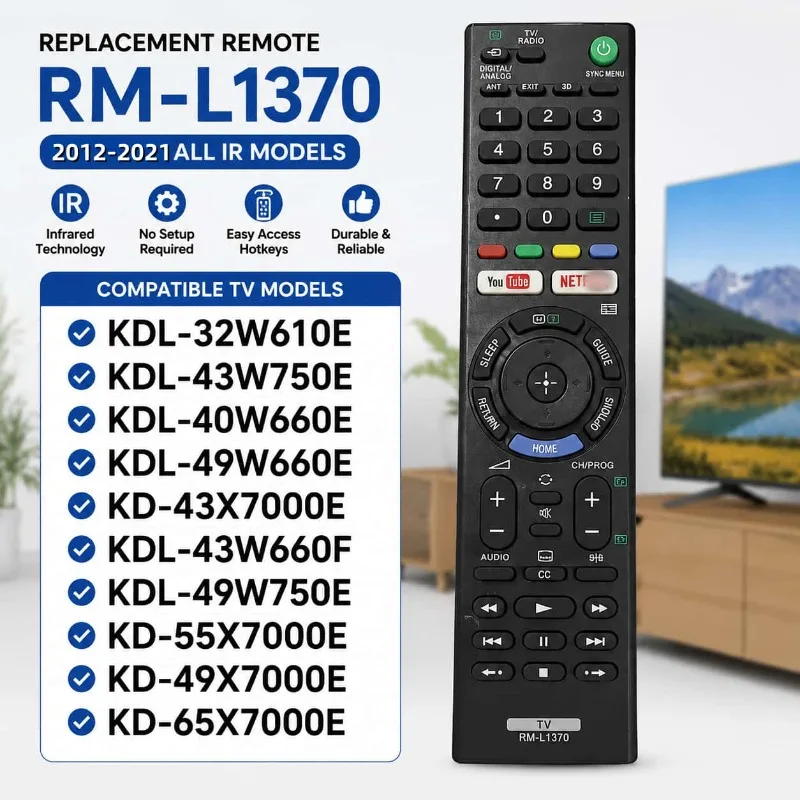 RM‑L1370 IR Replacement Remote Control For Sony BRAVIA LCD LED 4K UHD Smart TV Direct To Use No Programming