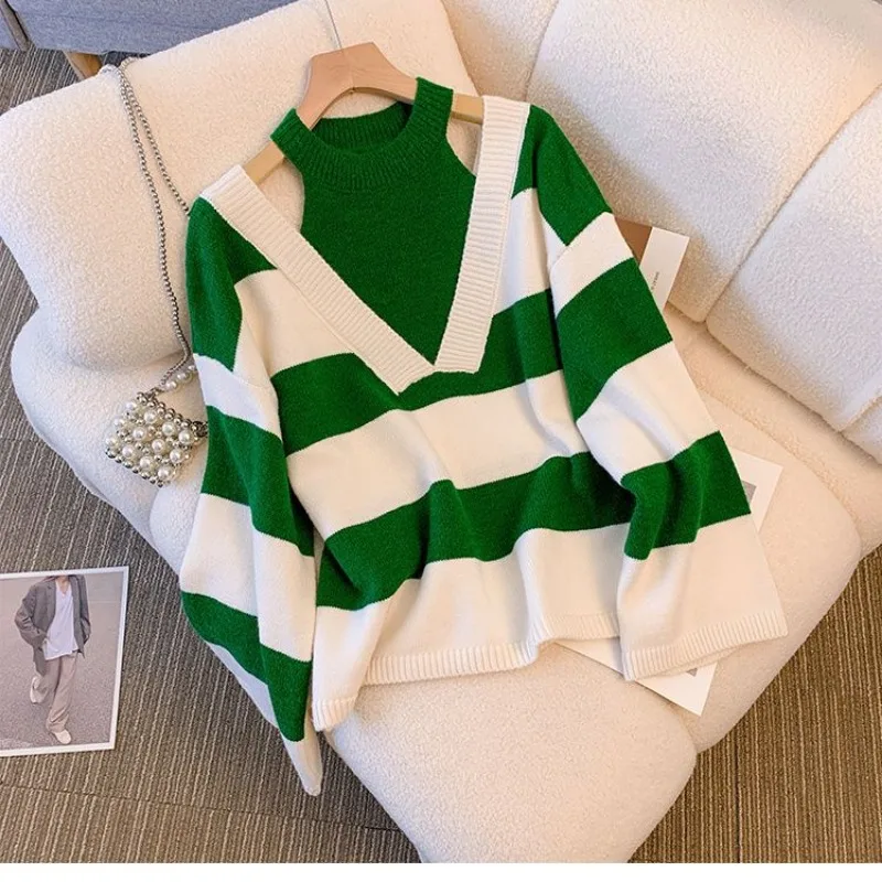 Fake Two Pieces Neck Show Shoulder Striped Women's Autumn 2024 New Long-sleeved Pullover Knitted Sweater Chic Top